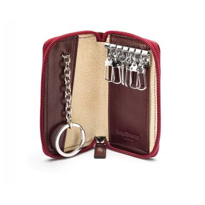 Leather Zip Around Key Ring Holder - Burgundy - Burgundy - Helvetica/silver