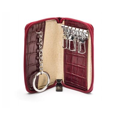 Leather Zip Around Key Ring Holder - Burgundy Croc - Burgundy croc - Helvetica/silver