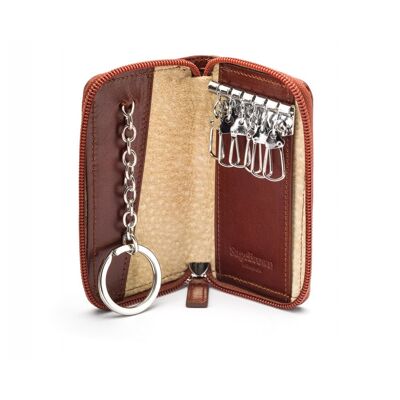 Leather Zip Around Key Ring Holder - Dark Tan - Dark tan - Helvetica/ blind