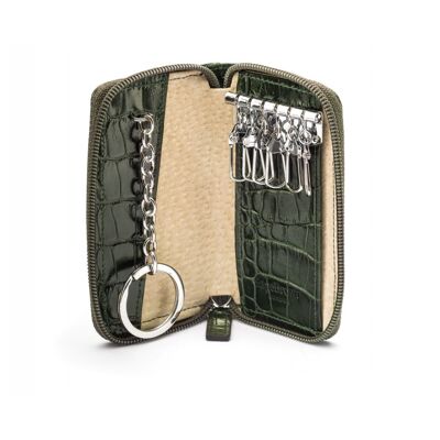 Leather Zip Around Key Ring Holder - Green Croc - Green croc - Helvetica/silver