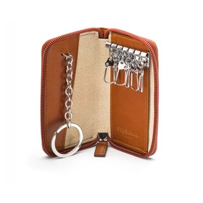 Leather Zip Around Key Ring Holder - Havana Tan - Havana tan - Helvetica/silver