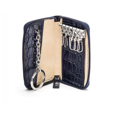 Leather Zip Around Key Ring Holder - Navy Croc - Navy croc - Helvetica/gold