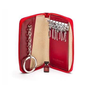 Leather Zip Around Key Ring Holder - Red - Red - Helvetica/silver