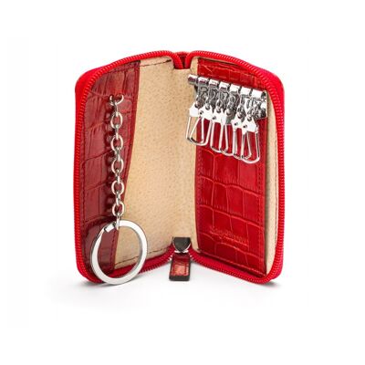 Leather Zip Around Key Ring Holder - Red Croc - Red croc - Helvetica/silver