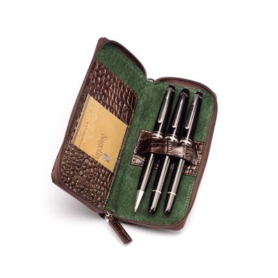 Leather Zip Around Triple Pen Case - Brown Croc - Brown croc