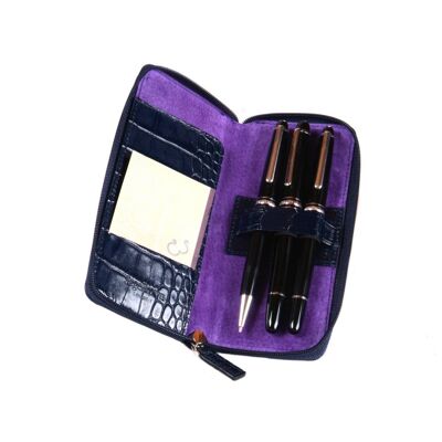 Leather Zip Around Triple Pen Case - Navy Croc - Navy croc