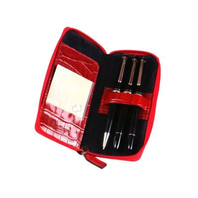 Leather Zip Around Triple Pen Case - Red Croc - Red croc