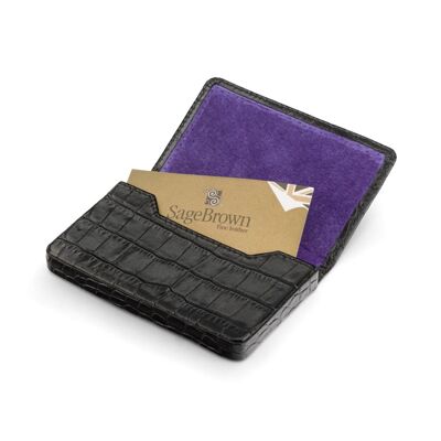 Magnetic Leather Business Card Holder - Black Croc With Purple - Black croc with purple - Helvetica/silver