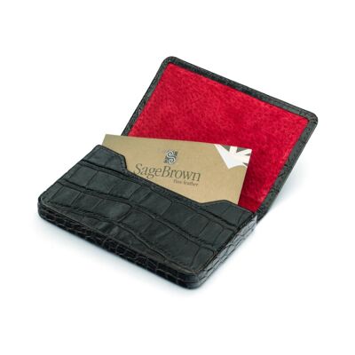 Magnetic Leather Business Card Holder - Black Croc With Red - Black croc with red - Helvetica/silver