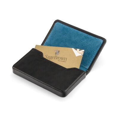Magnetic Leather Business Card Holder - Black With Cobalt - Black with cobalt - Helvetica/gold