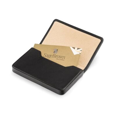 Magnetic Leather Business Card Holder - Black With Cream - Black with cream - Helvetica/gold