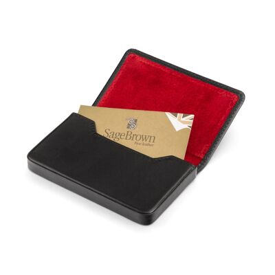 Magnetic Leather Business Card Holder - Black With Red - Black with red - Helvetica/silver