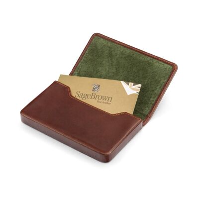 Magnetic Leather Business Card Holder - Dark Tan With Green - Dark tan with green - Helvetica/silver