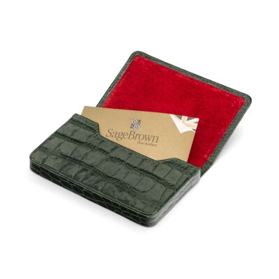 Magnetic Leather Business Card Holder - Green Croc With Red - Green croc with red - Helvetica/silver