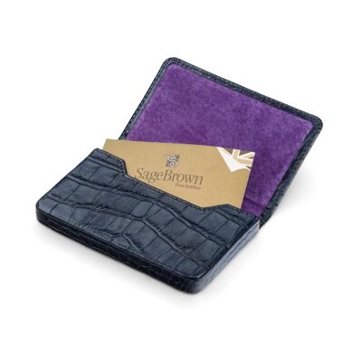 Magnetic Leather Business Card Holder - Navy Croc With Purple - Navy croc with purple - Helvetica/silver