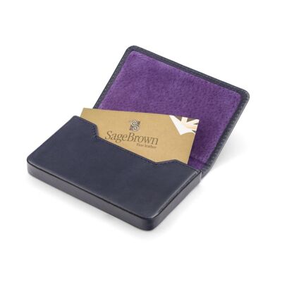 Magnetic Leather Business Card Holder - Navy With Purple - Navy with purple - Helvetica/gold