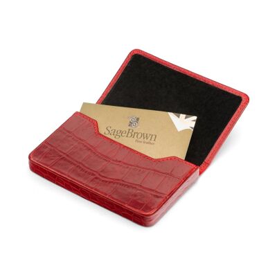 Magnetic Leather Business Card Holder - Red Croc With Black - Red croc with black - Helvetica/silver