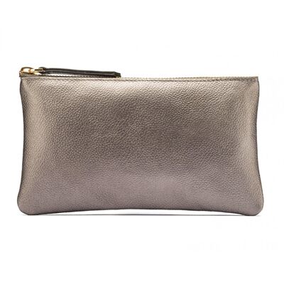 Medium Leather Makeup Pouch - Silver - Silver - Helvetica/gold