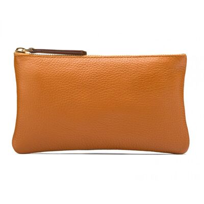 Medium Leather Makeup Pouch - Tan - Tan - Helvetica/gold