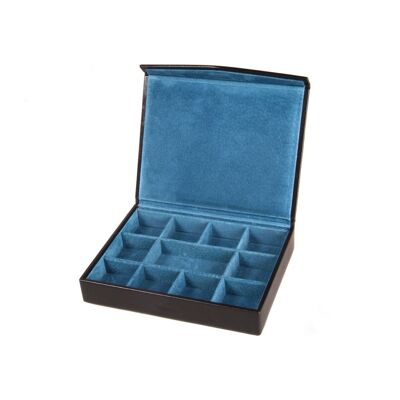 Men's Large Leather Cufflink Box - Black With Cobalt - Black with cobalt - Helvetica/silver