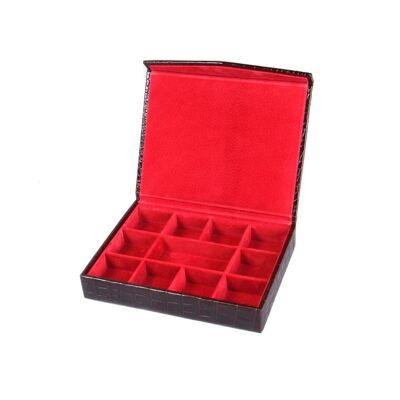 Men's Large Leather Cufflink Box - Brown Croc With Red - Brown croc with red - Helvetica/silver