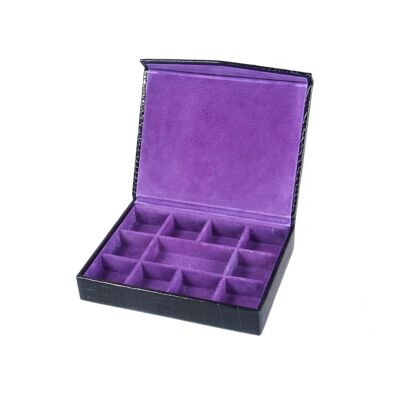 Men's Large Leather Cufflink Box - Navy Croc With Purple - Navy croc with  purple - Helvetica/gold