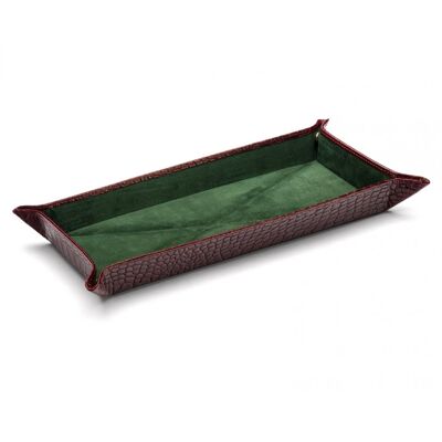 Rectangular Leather Tidy Tray - Burgundy Croc With Green - Burgundy croc - Helvetica/silver