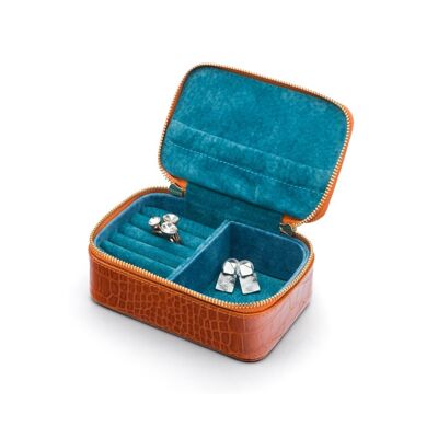 Rectangular Zip Leather Jewellery Case - Orange Croc - Orange croc