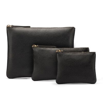 Set of 3 Leather Makeup Pouches - Black - Black - Helvetica/gold