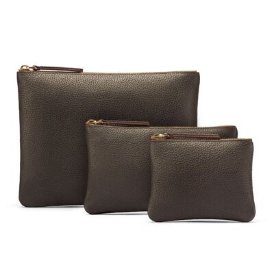 Set of 3 Leather Makeup Pouches - Brown - Brown - Helvetica/gold