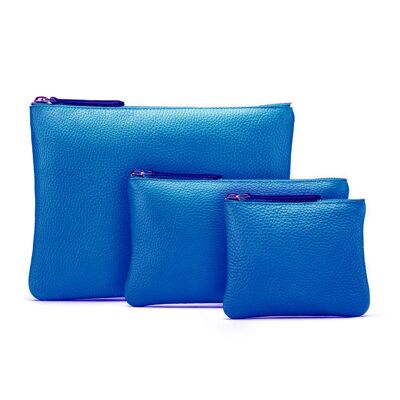 Set of 3 Leather Makeup Pouches - Cobalt - Cobalt - Helvetica/ blind