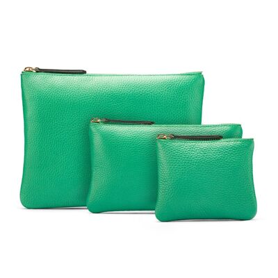Set of 3 Leather Makeup Pouches - Emerald Green - Emerald green - Helvetica/silver