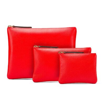 Set of 3 Leather Makeup Pouches - Red - Red - Helvetica/silver