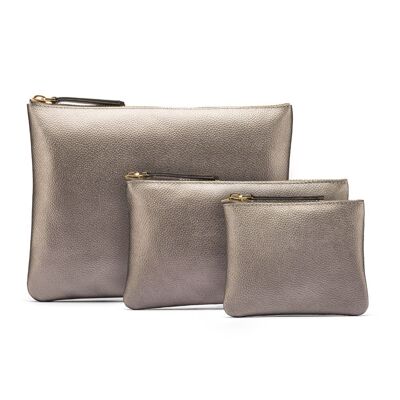 Set of 3 Leather Makeup Pouches - Silver - Silver - Helvetica/silver