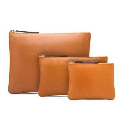Set of 3 Leather Makeup Pouches - Tan - Tan - Helvetica/silver