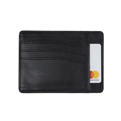 Slim Leather Flat Credit Card Holder With Middle Pocket - Black - Black - Helvetica/silver