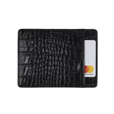 Slim Leather Flat Credit Card Holder With Middle Pocket - Black Croc - Black croc - Helvetica/silver