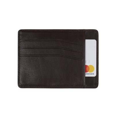 Slim Leather Flat Credit Card Holder With Middle Pocket - Brown - Brown - Helvetica/silver