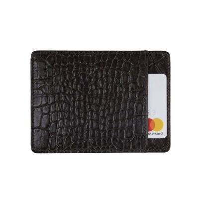 Slim Leather Flat Credit Card Holder With Middle Pocket - Brown Croc - Brown croc - Helvetica/silver
