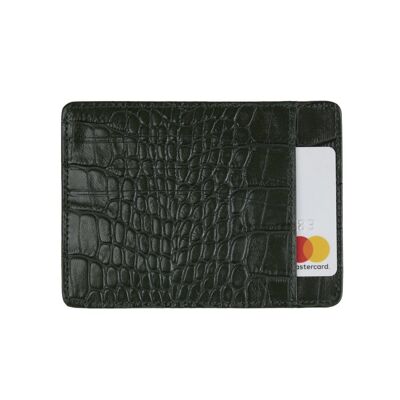 Slim Leather Flat Credit Card Holder With Middle Pocket - Green Croc - Green croc - Helvetica/silver