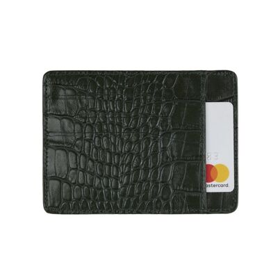Slim Leather Flat Credit Card Holder With Middle Pocket - Green Croc - Green croc - Helvetica/gold
