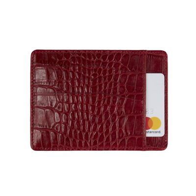 Slim Leather Flat Credit Card Holder With Middle Pocket - Red Croc - Red croc - Helvetica/silver