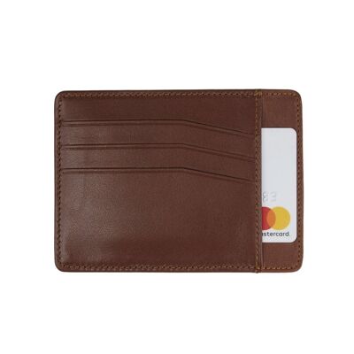 Slim Leather Flat Credit Card Holder With Middle Pocket - Tan - Tan - Helvetica/gold