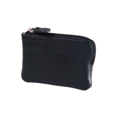 Small Leather Coin Purse with Key Chain - Black - Black - Helvetica/silver