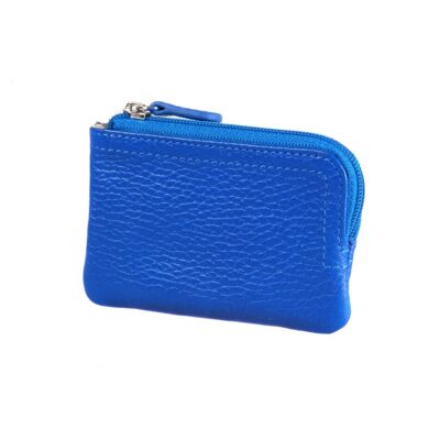 Small Leather Coin Purse with Key Chain - Cobalt - Cobalt - Helvetica/silver