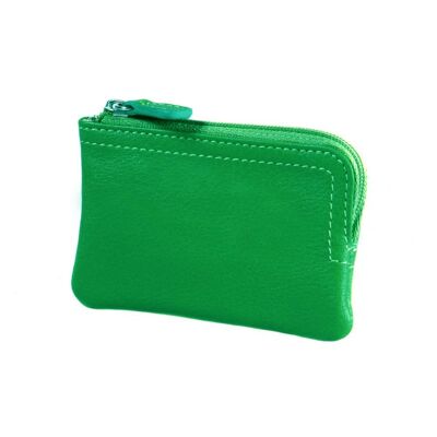 Small Leather Coin Purse with Key Chain - Emerald Green - Emerald green - Helvetica/silver