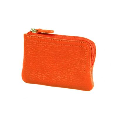 Small Leather Coin Purse with Key Chain - Orange - Orange - Helvetica/silver