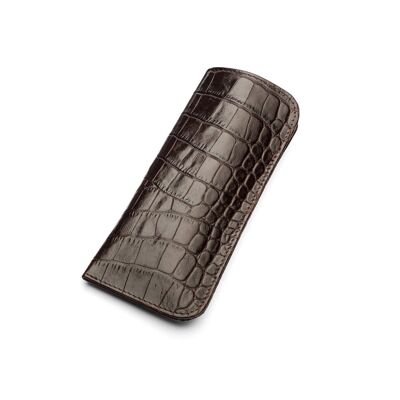 Small Leather Glasses Case - Brown Croc - Brown croc - Helvetica/silver