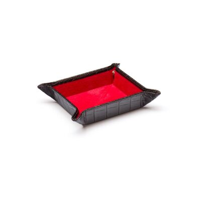 Small Leather Tidy Tray - Brown Croc With Red - Brown croc with red - Helvetica/silver