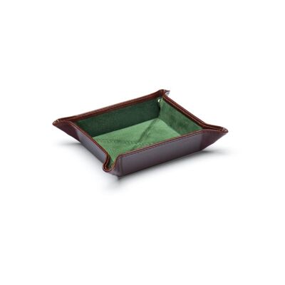 Small Leather Tidy Tray - Dark Tan With Green - Dark tan with green - Helvetica/silver